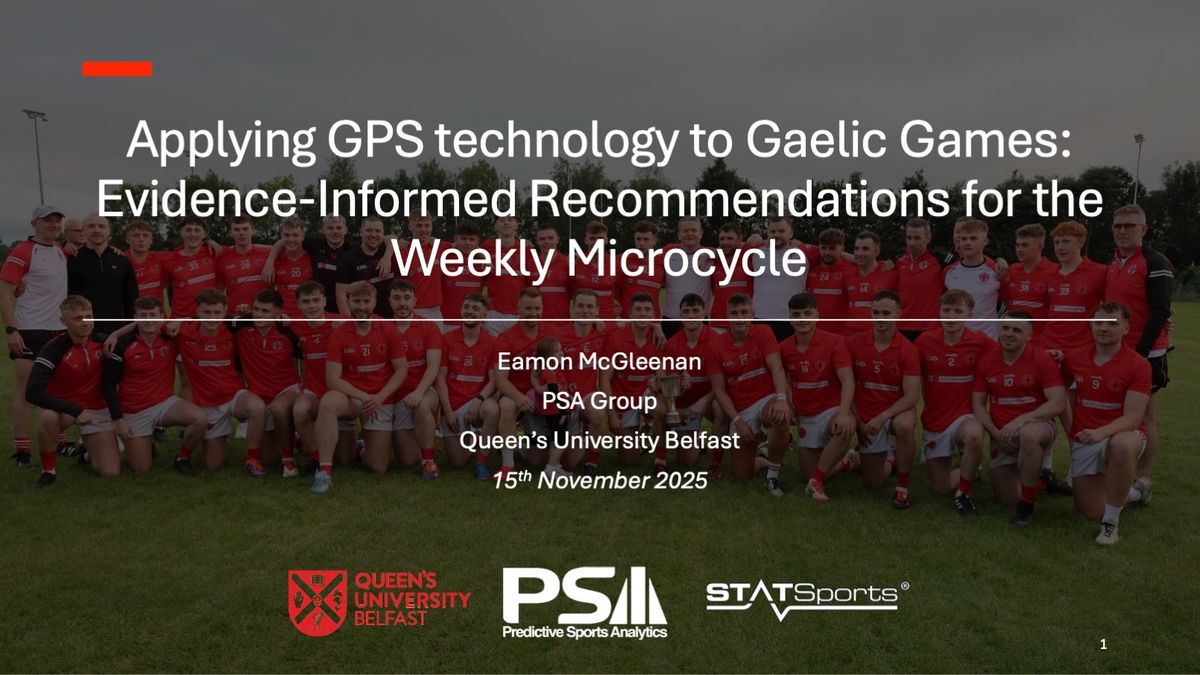 Title slide: Applying GPS technology to Gaelic Games, over a photo of the Tullysaran squad
